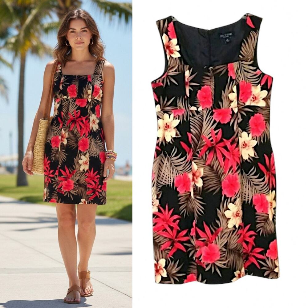 Perceptions NY Tropical Print Sheath Dress Size 10 Sleeveless Floral Knee Length